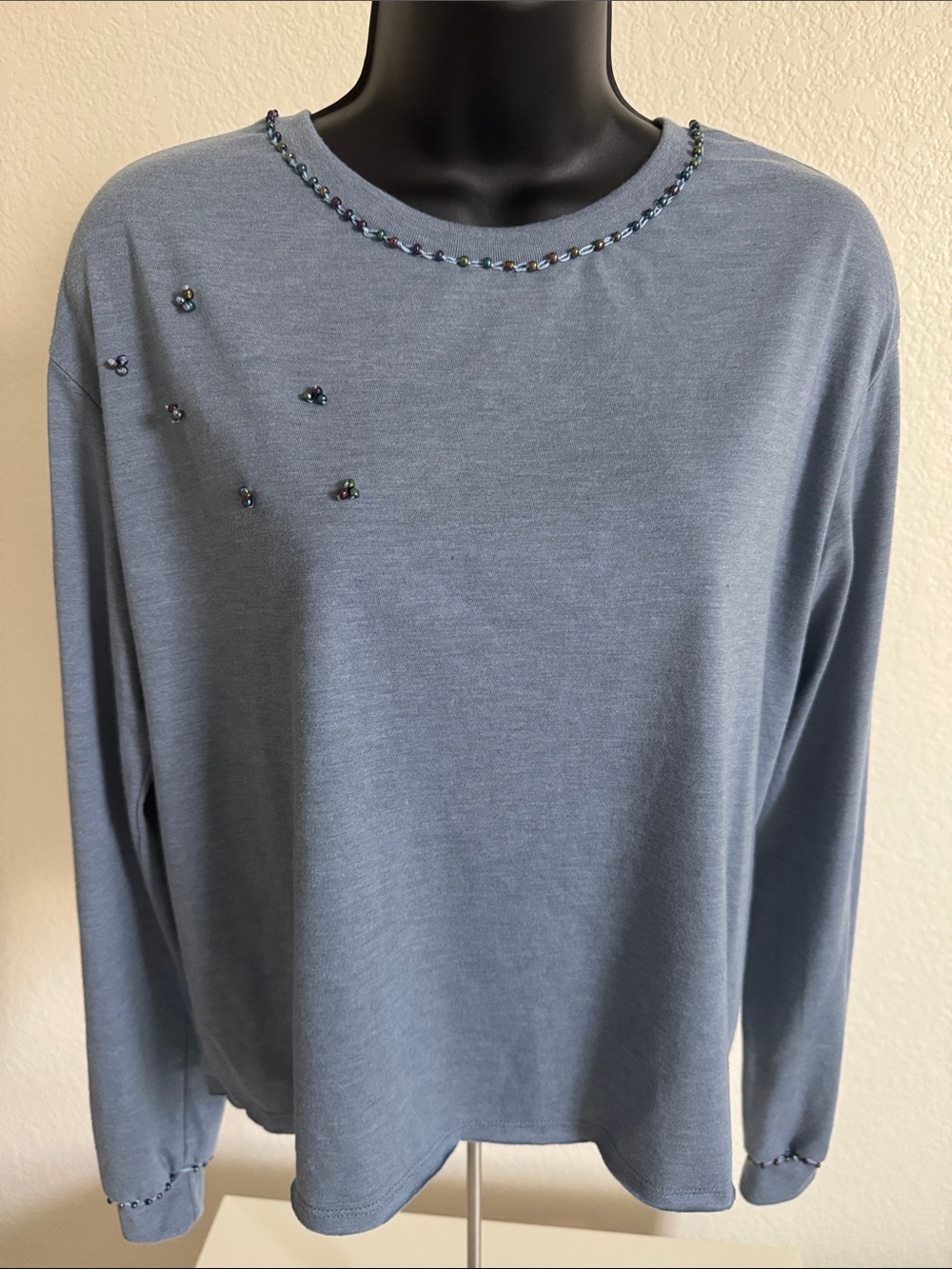 Hand Beaded Blue Gray Long Sleeve Tee Boutique Minimalist Top